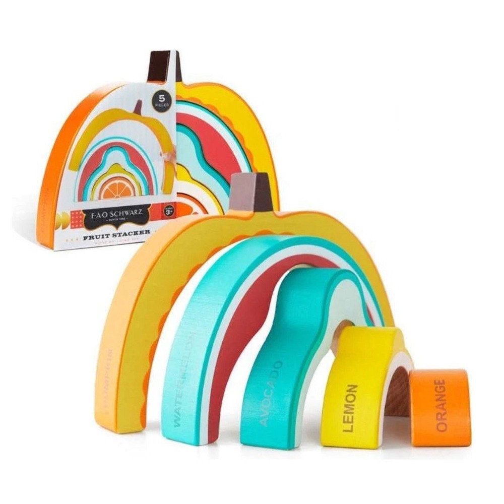 New Fao Schwarz Fruit Stacker Wood Building Set Montessori Toy 5 Puzzle Pieces